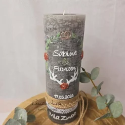 Hochzeitskerze Rustik grau mit Teelichteinsatz - Vintage Blätterkranz - Hirschgeweih Roségold