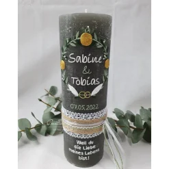 Hochzeitskerze Rustik grau mit Teelichteinsatz - Vintage Blätterkranz - Gold-Grün-Salbei-Eukalypthus-Natur