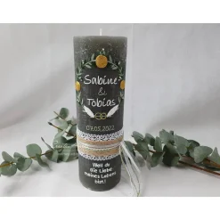 Hochzeitskerze Rustik grau mit Teelichteinsatz - Vintage Blätterkranz - Gold-Grün-Salbei-Eukalypthus-Natur