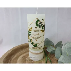 Hochzeitskerze Rustik ivory mit/ohne Teelichteinsatz - Vintage geometric - Gold-Natur