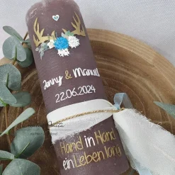Hochzeitskerze Rustik schlamm mit Hirschgeweih und Blüten mit/ohne Teelichteinsatz