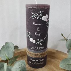 Hochzeitskerze Rustik schlamm - Edler zarter Blütenkreis weiß-silber mit/ohne Teelichteinsatz