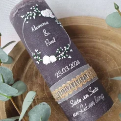 Hochzeitskerze Rustik schlamm - Edler zarter Blütenkreis weiß-silber mit/ohne Teelichteinsatz