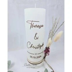 Hochzeitskerze Rustik weiß groß mit/ohne Teelichteinsatz - Schrift Braun metallic, Trockenblumen