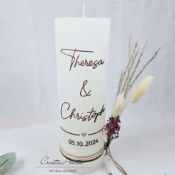 Hochzeitskerze Rustik weiß groß mit/ohne Teelichteinsatz - Schrift Braun metallic, Trockenblumen
