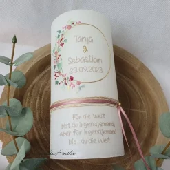 Hochzeitskerze Rustik weiß - zarte Blümchen altrosa-bordeaux mit/ohne Teelichteinsatz