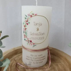 Hochzeitskerze Rustik weiß - zarte Blümchen altrosa-bordeaux mit/ohne Teelichteinsatz