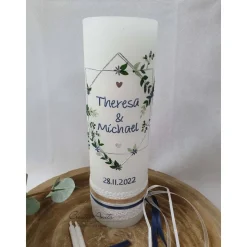 Hochzeitskerze Rustik weiß mit Teelichteinsatz - Geometric Wedding - Silber-Blau metallic