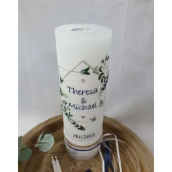 Hochzeitskerze Rustik weiß mit Teelichteinsatz - Geometric Wedding - Silber-Blau metallic