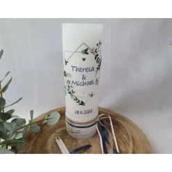 Hochzeitskerze Rustik weiß mit Teelichteinsatz - Geometric Wedding - Silber-Blau metallic