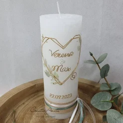 Hochzeitskerze Rustik weiß - Herz Geometric mit zarten Blättern - gold-eukalypthus mit/ohne Teelichteinsatz