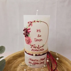 Hochzeitskerze Rustik weiß groß - mit Blütenkreis roségold, bordeaux, altrosa mit/ohne Teelichteinsatz