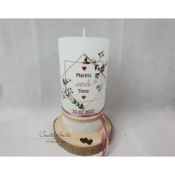 Hochzeitskerze Rustik weiß- mit zarten Blüten,Blättern - Geometric Style mit/ohne Teelichteinsatz
