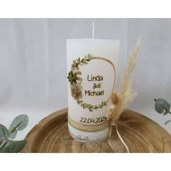 Hochzeitskerze Rustik weiß groß - mit Blütenkreis gold, taupe und olive mit Pampasgras mit/ohne Teelichteinsatz
