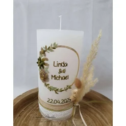Hochzeitskerze Rustik weiß groß - mit Blütenkreis gold, taupe und olive mit Pampasgras mit/ohne Teelichteinsatz
