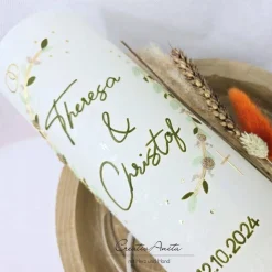 Hochzeitskerze Rustik weiß XXL mit Teelichteinsatz - Blätterranken mit filigranen Blüten