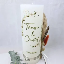 Hochzeitskerze Rustik weiß XXL mit Teelichteinsatz - Blätterranken mit filigranen Blüten