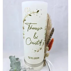 Hochzeitskerze Rustik weiß XXL mit Teelichteinsatz - Blätterranken mit filigranen Blüten