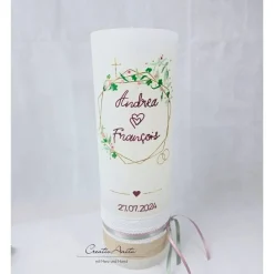 Hochzeitskerze Rustik weiß XXL mit Teelichteinsatz - Geometric Blätterkranz