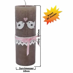 Hochzeitskerze rustikal, mit Vögelchen und Klöppelspitze, Traukerze, Brautkerze, personalisiertes Hochzeitsgeschenk