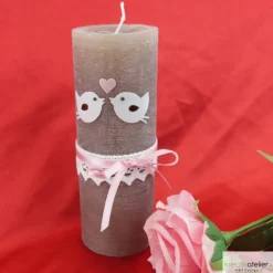 Hochzeitskerze rustikal, mit Vögelchen und Klöppelspitze, Traukerze, Brautkerze, personalisiertes Hochzeitsgeschenk