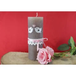 Hochzeitskerze rustikal, mit Vögelchen und Klöppelspitze, Traukerze, Brautkerze, personalisiertes Hochzeitsgeschenk