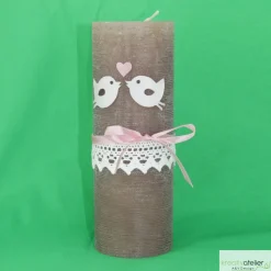 Hochzeitskerze rustikal, mit Vögelchen und Klöppelspitze, Traukerze, Brautkerze, personalisiertes Hochzeitsgeschenk
