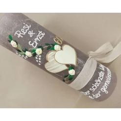 Hochzeitskerze Rustikal Rustica, Vintage-Look, Shabby, Hochzeitkerze, Brautkerze, Liebende Herzen, inkl Wachsbeschriftun