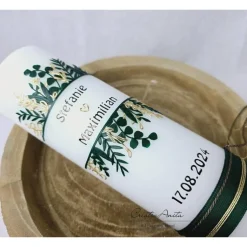 Hochzeitskerze Weiß, mit Blätter, Gräser in Gold- und Grüntöne 250x80mm