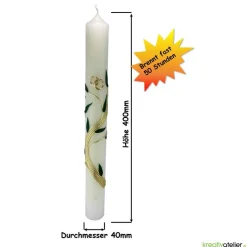 Hochzeitskerze weiß mit goldenen und grünen Blattranken, personalisierbar, edle Traukerze für Hochzeitsdeko und Geschenk