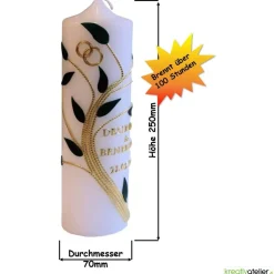 Hochzeitskerze weiß mit goldenen und grünen Blattranken, personalisierbar, edle Traukerze für Hochzeitsdeko und Geschenk