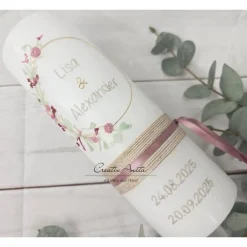 Hochzeitskerze weiß mit zarten Blümchen in altrosa-bordeaux 250x80 mm