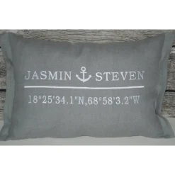 Hochzeitskissen bestickt mit Koordinaten und Anker  100% Leinen