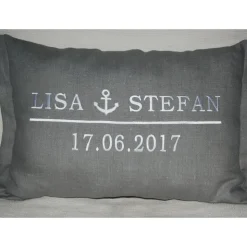 Hochzeitskissen bestickt mit Koordinaten und Anker  100% Leinen