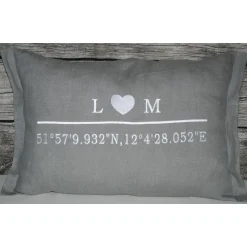 Hochzeitskissen bestickt mit Koordinaten und Anker  100% Leinen
