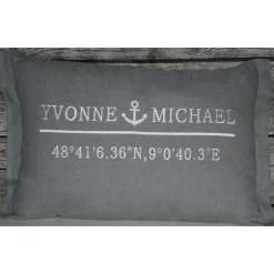 Hochzeitskissen bestickt mit Koordinaten und Anker  100% Leinen