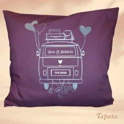 Hochzeitskissen, Wedding - Camper, Wohnwagen personalisiert mit Namen / Hochzeitsdatum (1- oder 2-teilig)