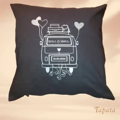 Hochzeitskissen, Wedding - Camper, Wohnwagen personalisiert mit Namen / Hochzeitsdatum (1- oder 2-teilig)