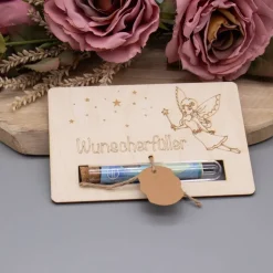 Holz Geschenkkarte -  Geldgeschenk Wunscherfüller - Zauberer oder Fee