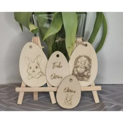 Holz Ostereier Set mit Lasergravur Osterdeko– 4 Stück beidseitig graviert zum Aufhängen