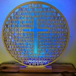 Holzaufsteller rund mit Gebet Vater unser im Himmel – Birkenholz, gelasert, Geschenk zur Kommunion & Konfirmation