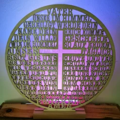 Holzaufsteller rund mit Gebet Vater unser im Himmel – Birkenholz, gelasert, Geschenk zur Kommunion & Konfirmation