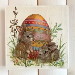 Holzbild, Hasen mit Osterei, zum Aufhängen oder Aufstellen; Ostern