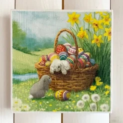 Holzbild, Ostereierkorb mit Häschen, zum Aufhängen oder Aufstellen; Ostern