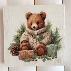 Holzbild, Teddy mit Geschenken, zum Aufhängen oder Aufstellen, Weihnachten