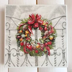 Holzbild, weihnachtlicher Kranz am Gartenzaun, zum Aufhängen oder Aufstellen, Weihnachten