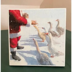 Holzbild, Weihnachtsmann füttert Gänse, zum Aufhängen oder Aufstellen, Weihnachten