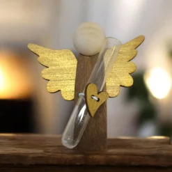 Holzengel mit Reagenzglas als Gutscheinhalter oder Glücksbringer – handgefertigt mit Nanoklebeband Schutzengel