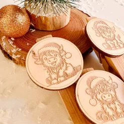 Holzklammer mit weihnachtlichen Highland-Cow Motiven, Wäscheklammer Bambus, Geschenkverpackungen, Geschenkanhänger