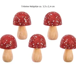 Holzpilze Glitter Rot - 5er-Set funkelnde Mini-Dekopilze
